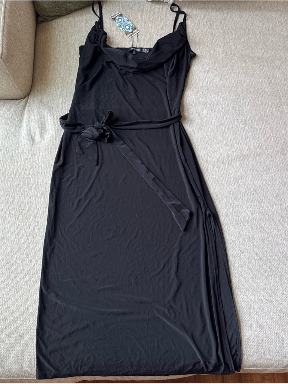 Boohoo Black Cowl Neck Midi Slip Dress with Waist Tie